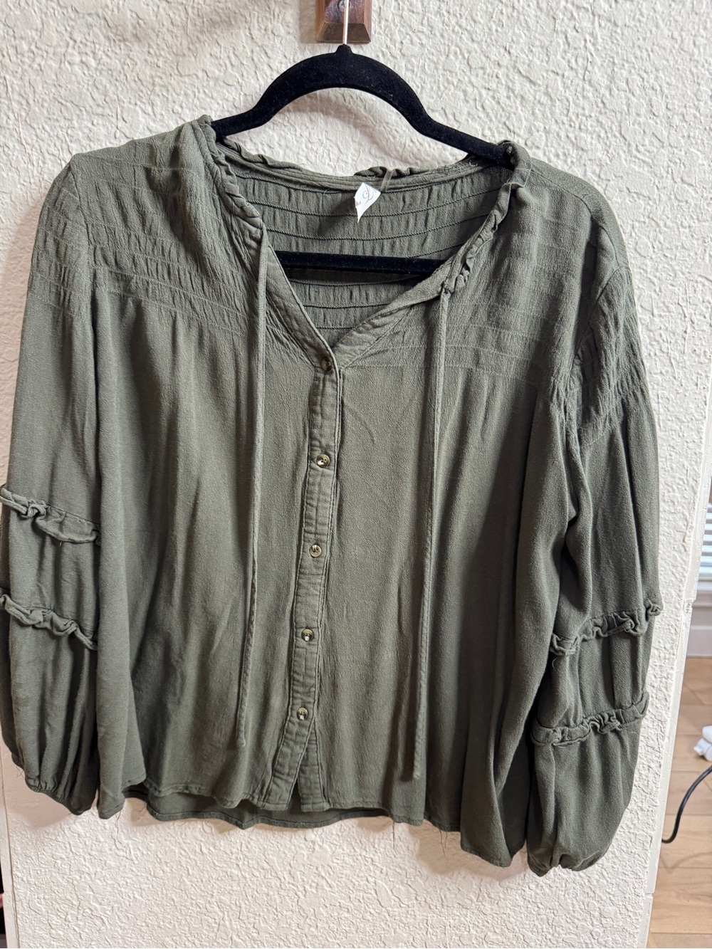 Women's Olive Button-Front Peasant Blouse pink Pistol Boutique
